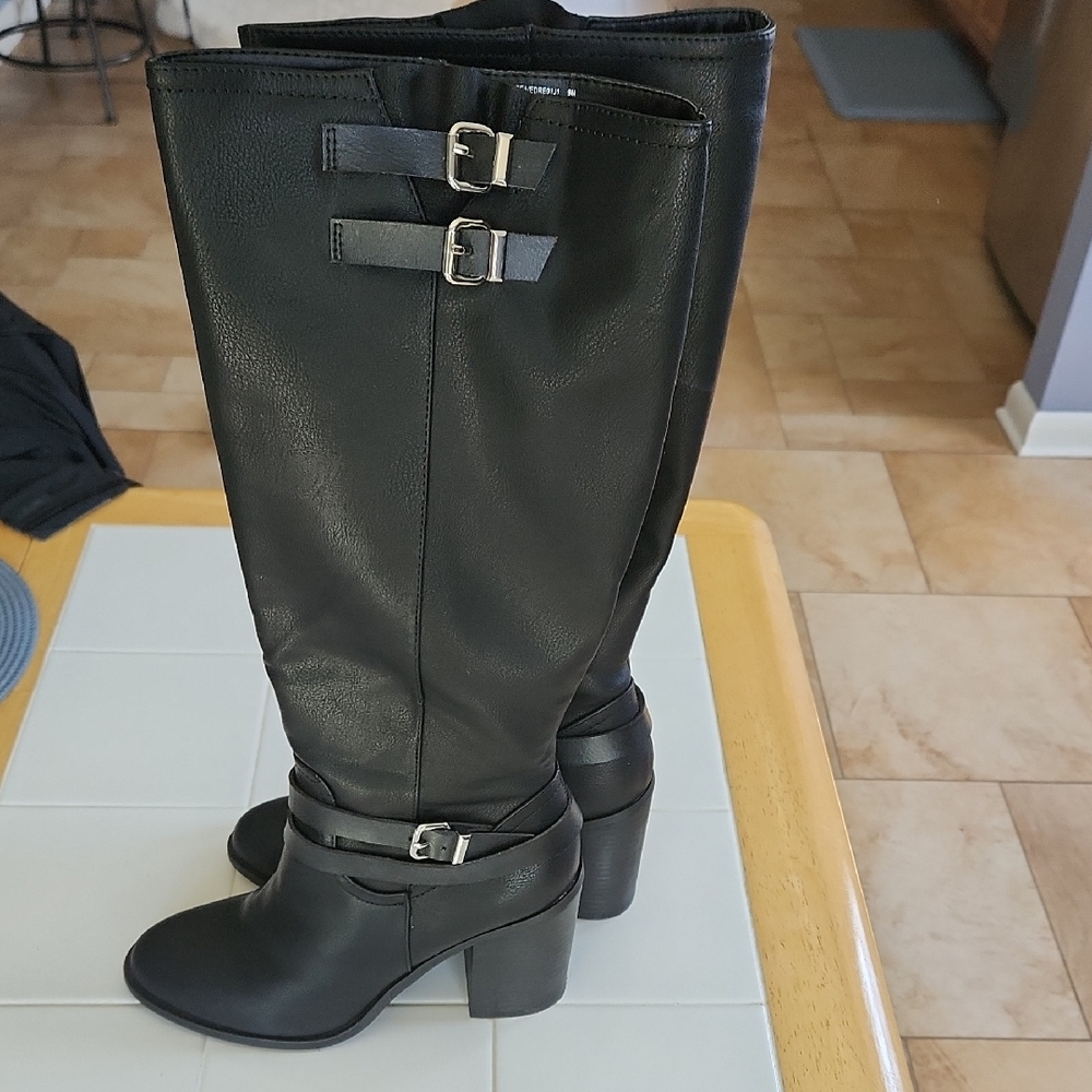 Madden Girl Black Heeled Boots with Buckle Detail